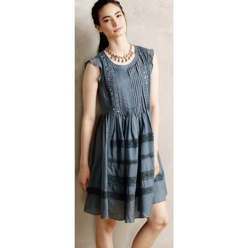 Anthropologie Vanessa Virginia Blue Marit Dress Sz S Cottage Prairie EUC Silky